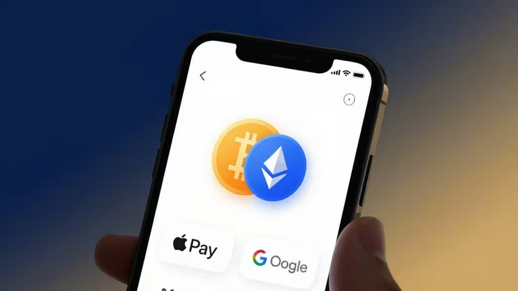 Smartphone displays crypto icons with Apple Pay and Google Pay options.