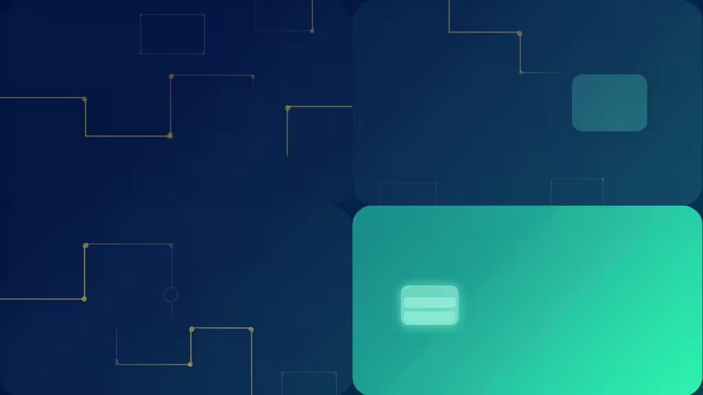 Digital invoice icon glows on teal panel, framed by circuit-like lines on dark blue background.