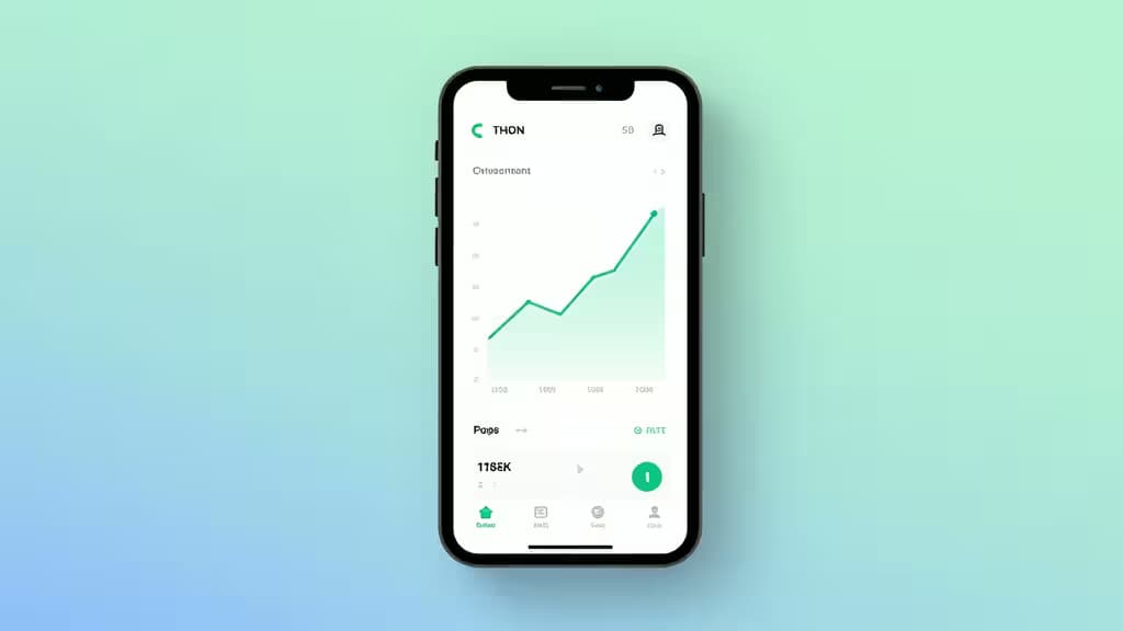 Smartphone displays a rising green investment graph on a clean dashboard against a soft blue-green gradient background.