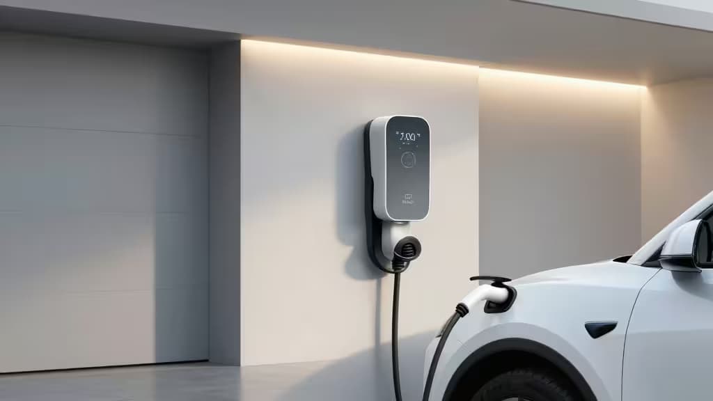 Smart EV charger mounted on garage wall, charging white electric vehicle.