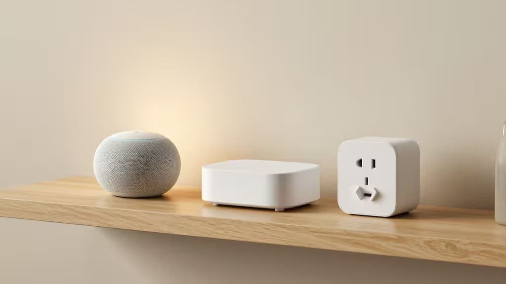 Smart-Home-Einsteigergeräte auf einem Holzregal: kleiner Smart Speaker, kompakter Hub und Smart Plug in modernem Interieur mit warmem Licht