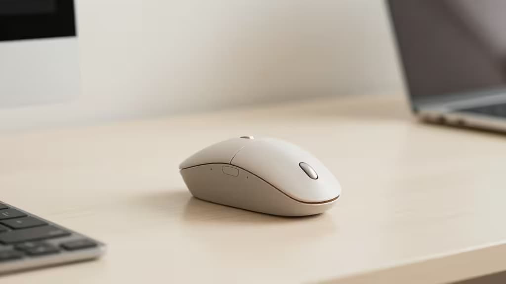 Souris ergonomique blanche, design fluide, sur bureau clair avec clavier et laptop en arrière-plan.