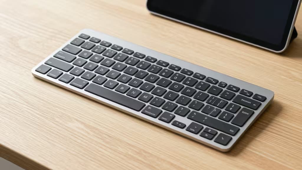Clavier Bluetooth argenté avec touches noires sur bureau en bois clair.