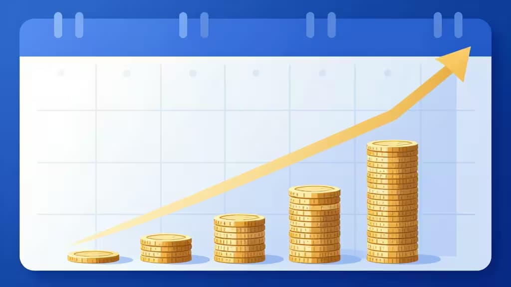 Golden coins stack progressively taller beside a rising yellow arrow on a grid, symbolizing growth through consistent investment over time.