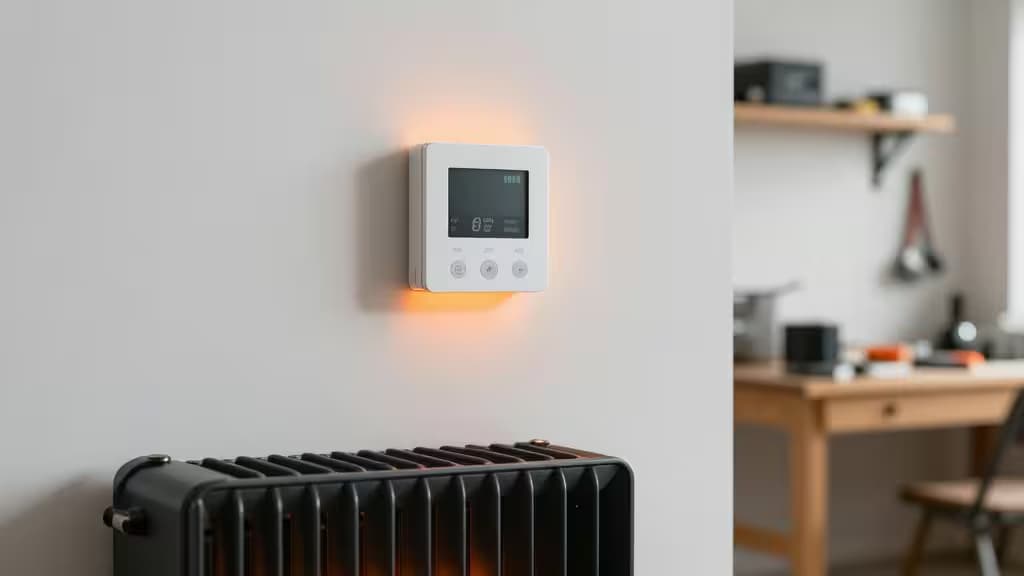 White smart thermostat glows above black electric heater on garage wall.
