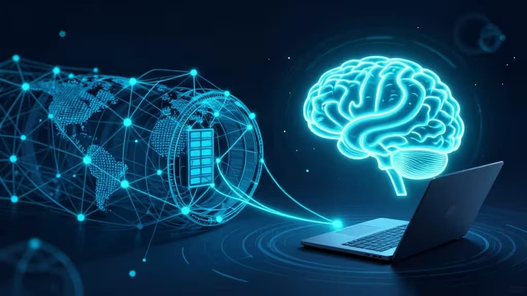 A glowing laptop connects via a digital tunnel through a server node to a luminous AI brain, symbolizing secure access to global AI tools.