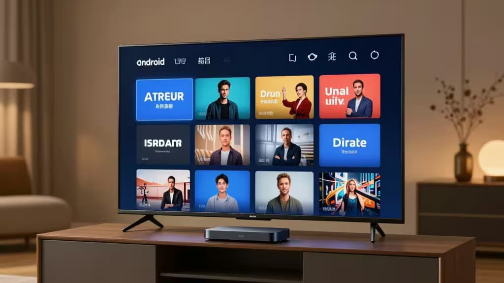 A modern living room with a television streaming content, soft cinematic lighting, and a media console with a streaming device.