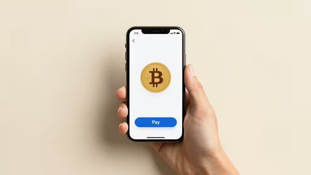 Hand holds iPhone displaying Bitcoin icon with blue 'Pay' button, symbolizing seamless crypto transactions via Apple Pay.