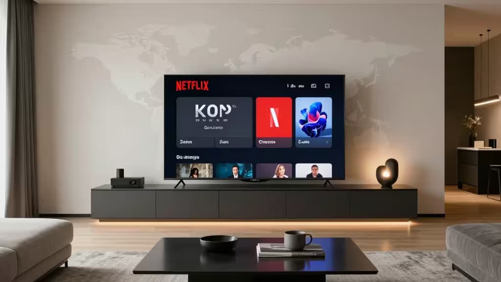 Un salon moderne avec un téléviseur affichant Netflix et une carte du monde en arrière-plan, symbolisant l'accès mondial aux contenus.
