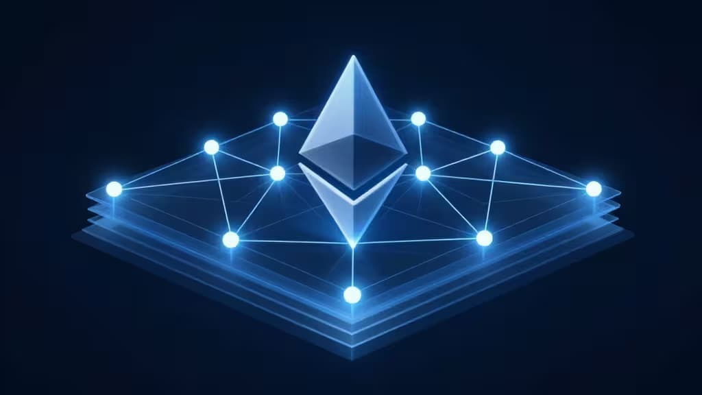 Glowing Ethereum pyramid rests atop stacked translucent layers, connected by luminous nodes forming a network web against deep blue.