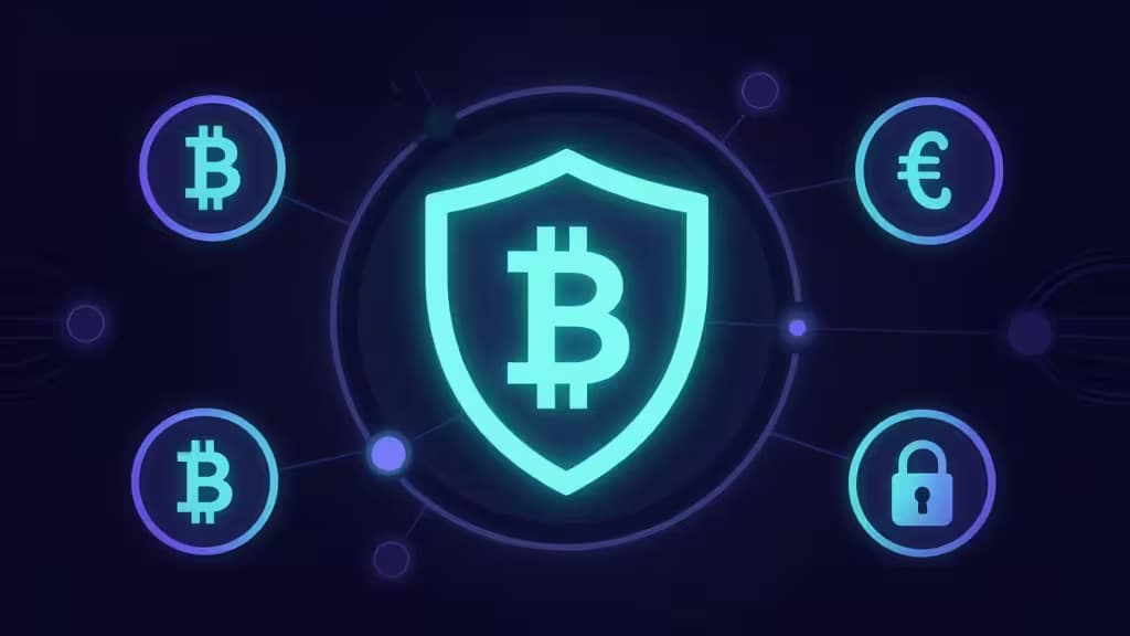 Abstract illustration of a privacy-focused cryptocurrency wallet with glowing coin symbols, shield motifs, and interconnected ring signature nodes in deep purple and teal tones.