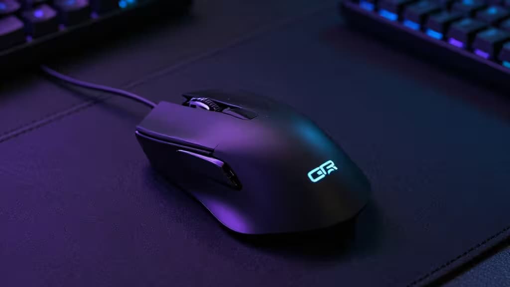 Un ratón gaming negro con logotipo iluminado descansa sobre una alfombrilla oscura, flanqueado por teclados RGB.
