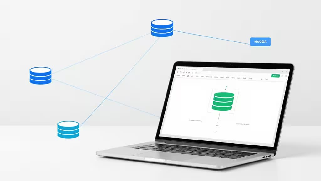 Laptop displays database migration tool interface, connected to multiple blue database icons via lines.