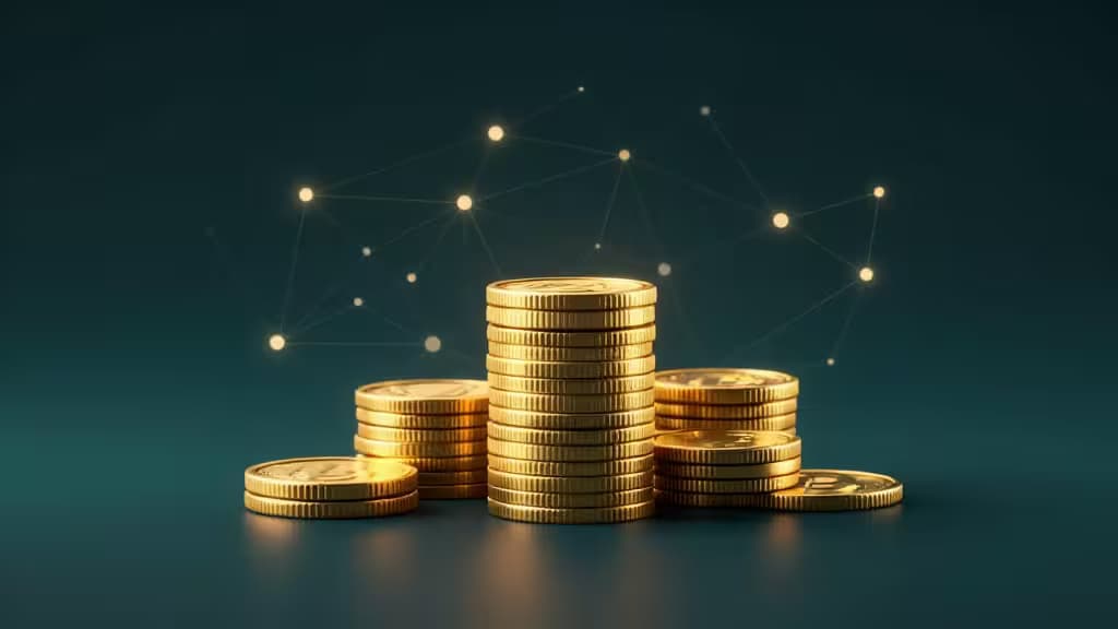Golden crypto coins stack beneath glowing network nodes, symbolizing 2026's CeFi, DeFi, and staking interest earnings.