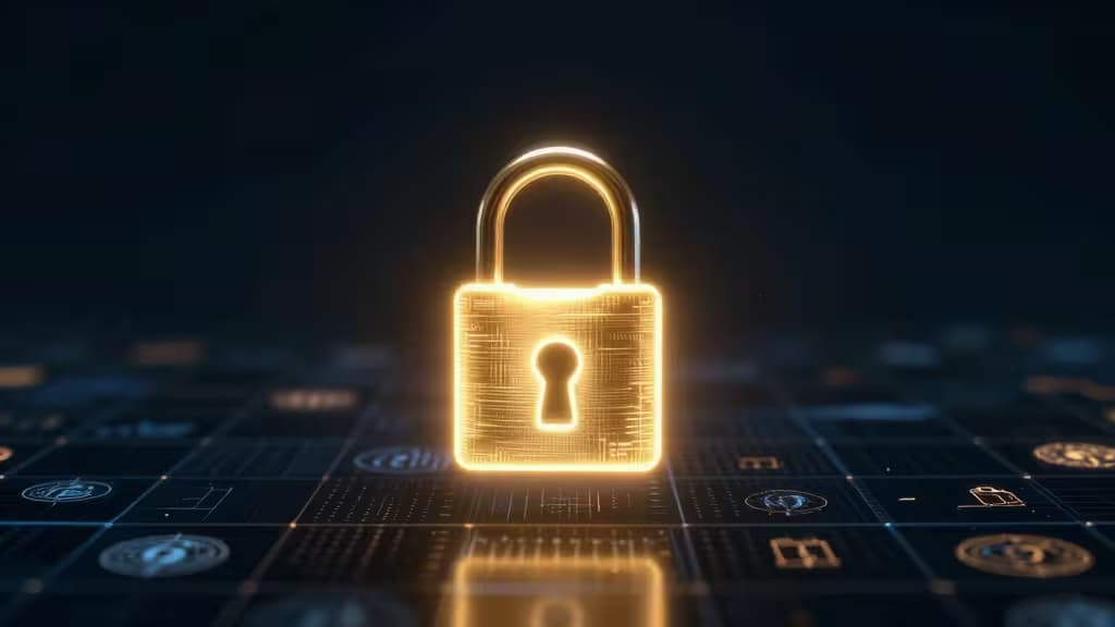 Un candado dorado brillante flota sobre una cuadrícula digital, simbolizando la protección segura de carteras de criptomonedas.