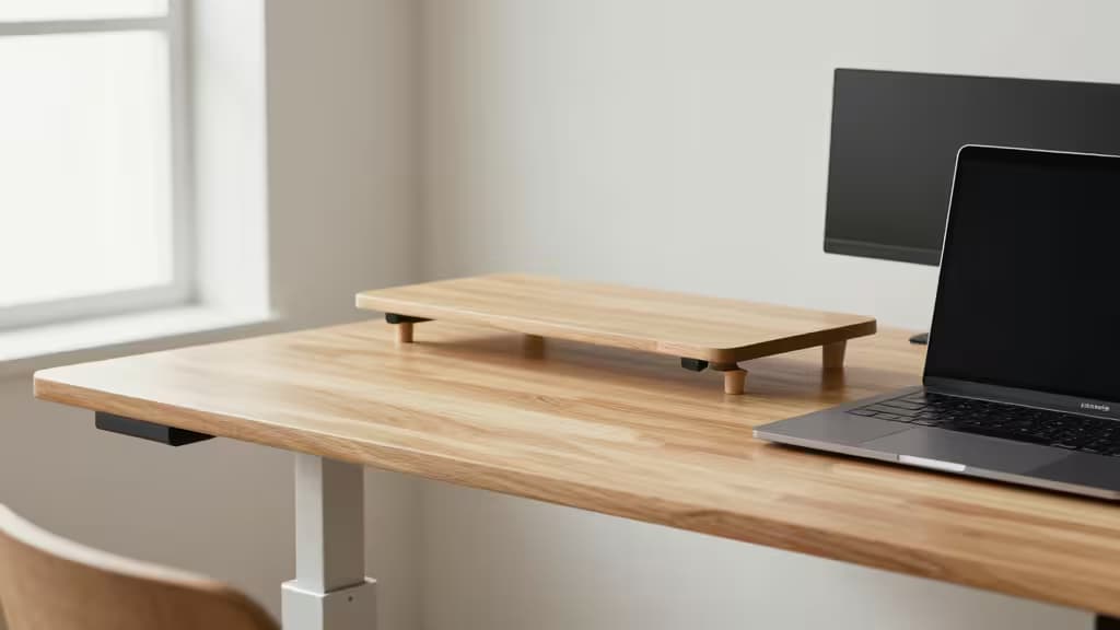 Light wood standing desk converter sits on matching wooden desk beside laptop and monitor.