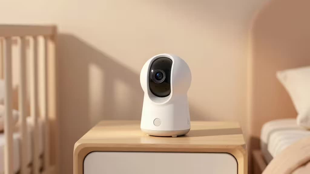 White smart baby monitor camera sits on wooden nightstand in sunlit nursery.