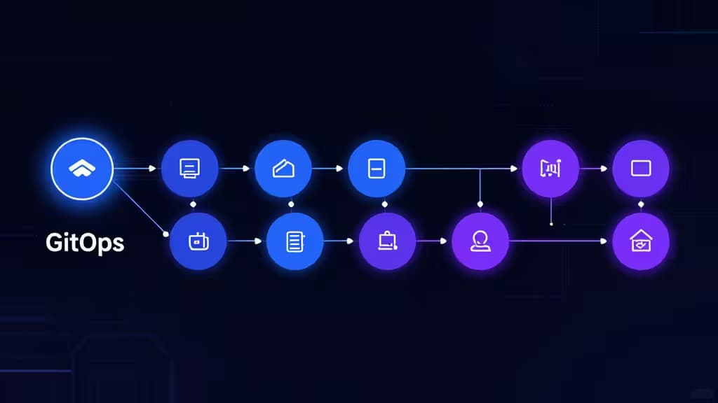 GitOps workflow diagram with blue and purple icons illustrating Kubernetes deployment automation steps.