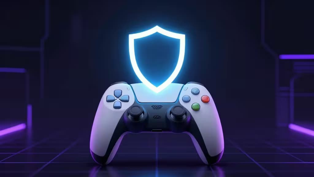 A white gaming controller with a glowing blue shield hovers above it in a neon-lit digital space.