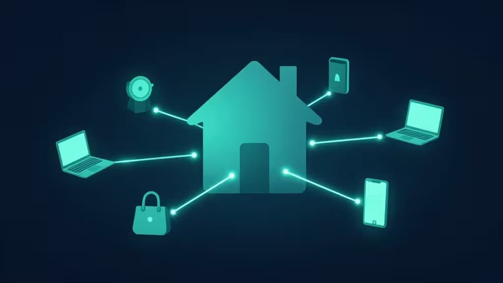 Icono de casa en color turquesa que se conecta a portátiles, móviles y dispositivos inteligentes mediante líneas de red seguras sobre fondo oscuro.
