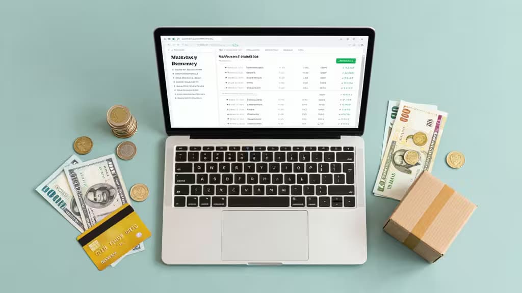 Laptop zeigt ein Multi-Currency-Dashboard, umgeben von USD, EUR, Münzen, Kreditkarte und Versandkarton auf teal-farbener Unterlage.