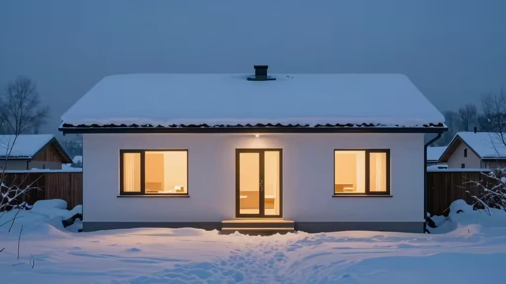 Casa moderna cubierta de nieve con luz cálida interior, mostrando la resistencia de la tecnología smart home en condiciones invernales extremas.