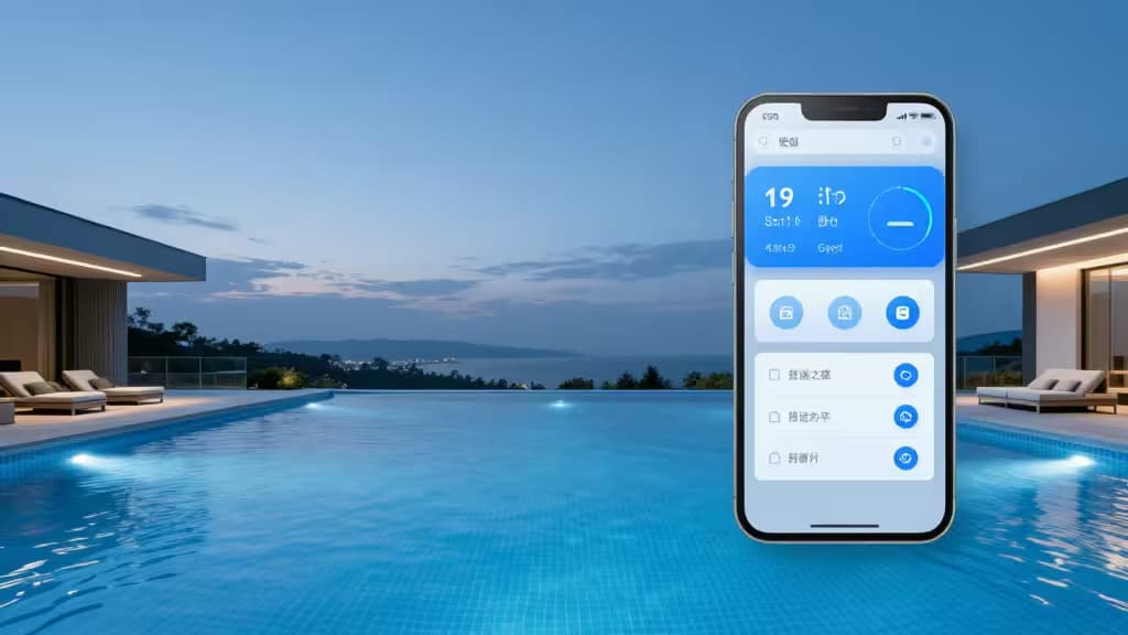 Smartphone displaying pool controls floats above a modern infinity pool at dusk, showcasing integrated smart home technology.
