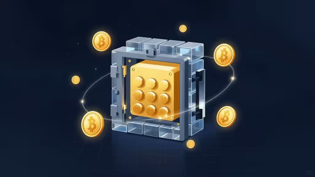 Glowing Bitcoin tokens orbit a golden reserve block inside a translucent digital vault on a dark blockchain grid.