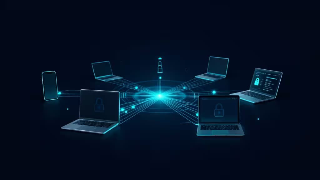 Laptops and phone connect via glowing blue data streams to a central lock icon, symbolizing secure cross-device password synchronization.