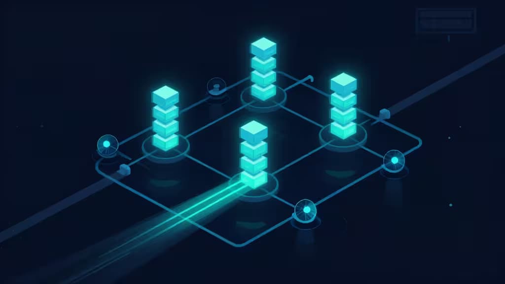 Illustration abstraite du traitement de tâches en arrière-plan : paquets de données lumineux circulant dans des pipelines et des files d'attente de cubes empilés, sur fond bleu sombre.