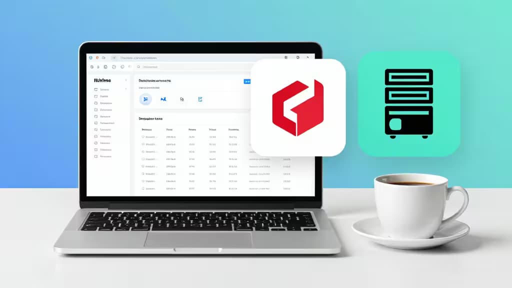 APIダッシュボードとRedisロゴ、サーバーアイコン、コーヒーカップが並ぶデスク上のフラットレイ構成