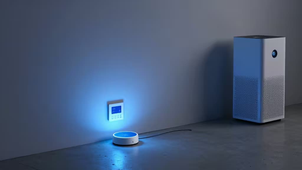 Seminterrato moderno con illuminazione ambientale blu, sensore di perdita d'acqua sul pavimento in calcestruzzo, termostato smart a parete e purificatore d'aria nell'angolo.