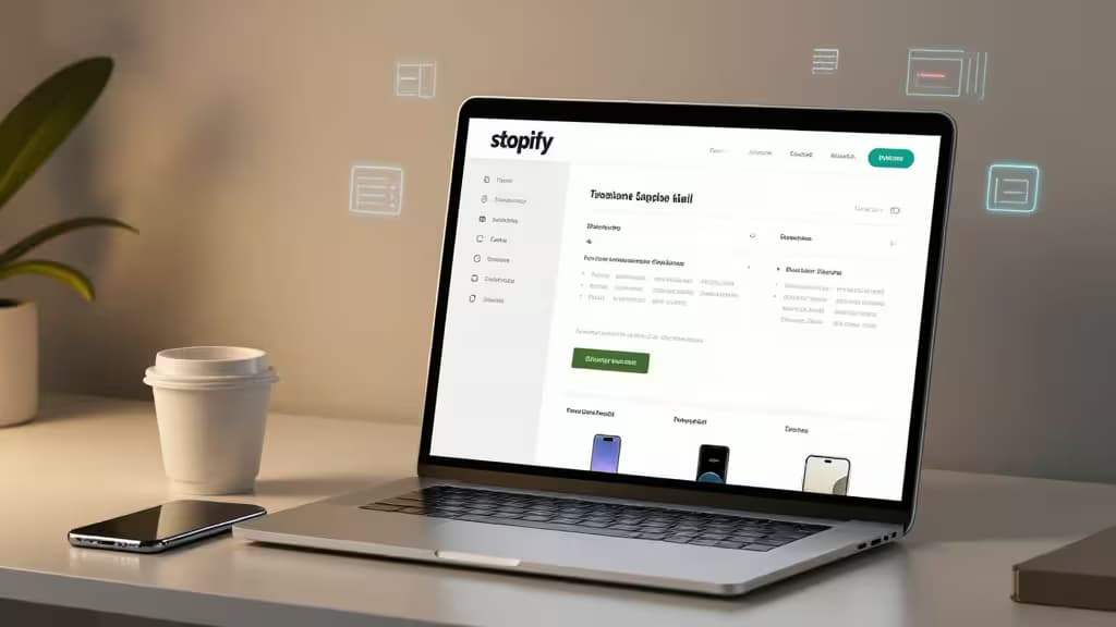 A silver laptop displays a Shopify dashboard with floating AI icons, beside a coffee cup and smartphone on a minimalist desk.