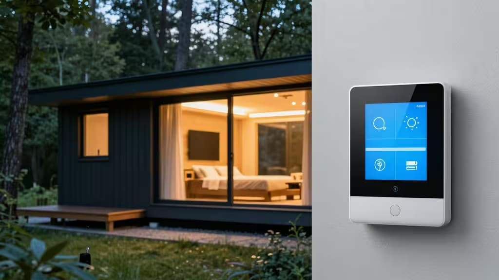 Ciemnodrewniana chata lśni ciepło obok eleganckiego białego panelu smart home z niebieskimi ikonami interfejsu.