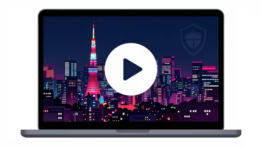 Laptop displays Tokyo skyline with play button and shield icon, symbolizing secure streaming of Japanese content abroad.
