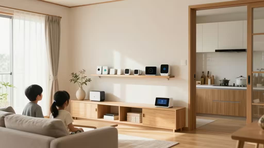 Japanese family watches TV in minimalist living room with smart speakers and display.