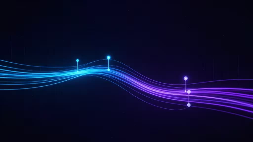 Glowing blue-to-purple data streams flow through glowing nodes, symbolizing AI-driven ETL pipelines.