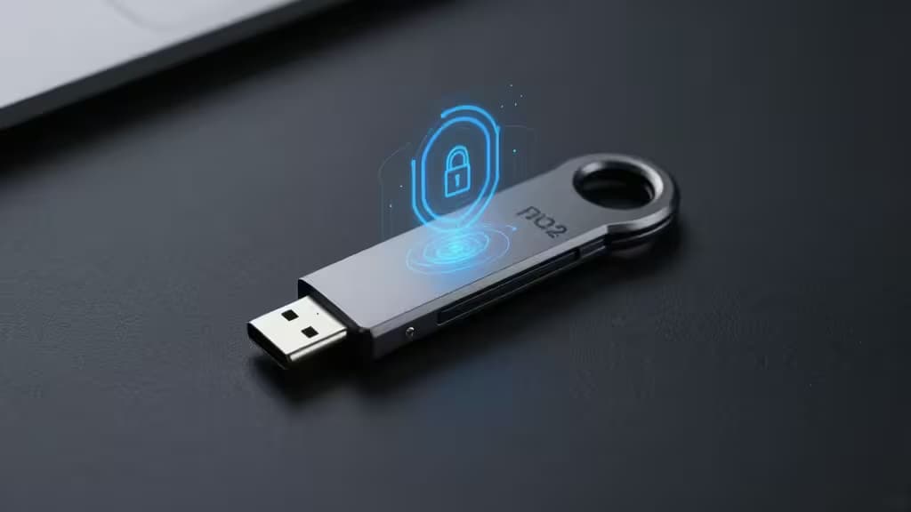 Ein USB-C FIDO2-Hardware-Security-Key liegt auf einer dunklen Schreibtischoberfläche mit blauem Akzentlicht — symbolisiert digitale Authentifizierung und Passkey-Sicherheit.