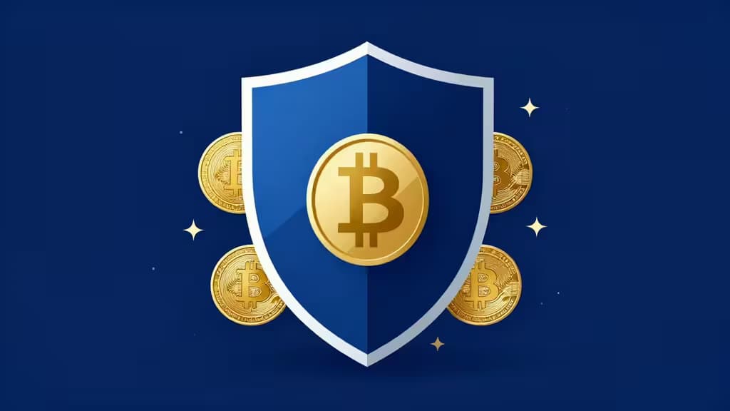 Bouclier bleu avec une pièce Bitcoin dorée, entouré de quatre autres pièces et d'étincelles sur fond bleu foncé.