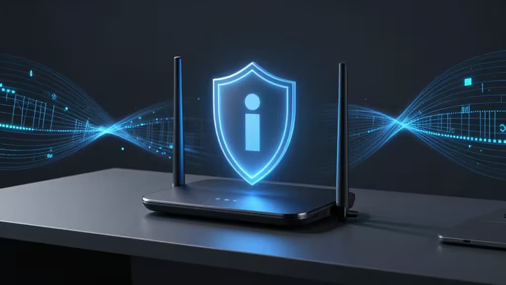 A modern WiFi router on a minimalist desk with abstract blue encryption shield visualizations surrounding it, representing network-wide VPN security.