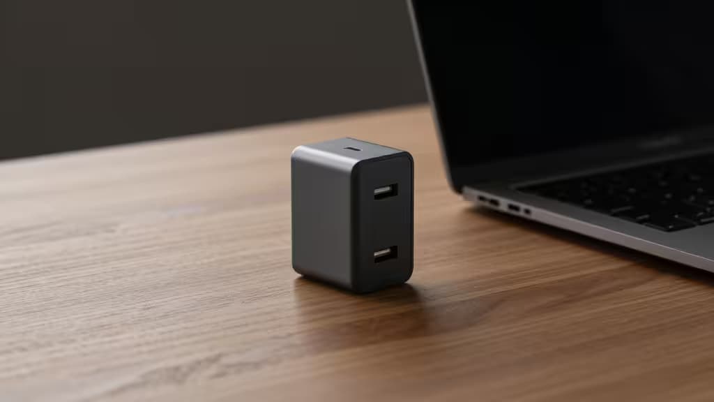 Компактный чёрный GaN-зарядный адаптер с двумя портами USB-C на деревянном столе рядом с MacBook Pro.