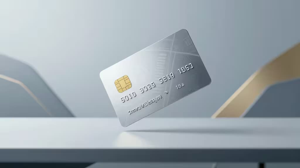 Composizione astratta con carta di credito aziendale sopra una scrivania da ufficio moderna, tonalità blu e oro
