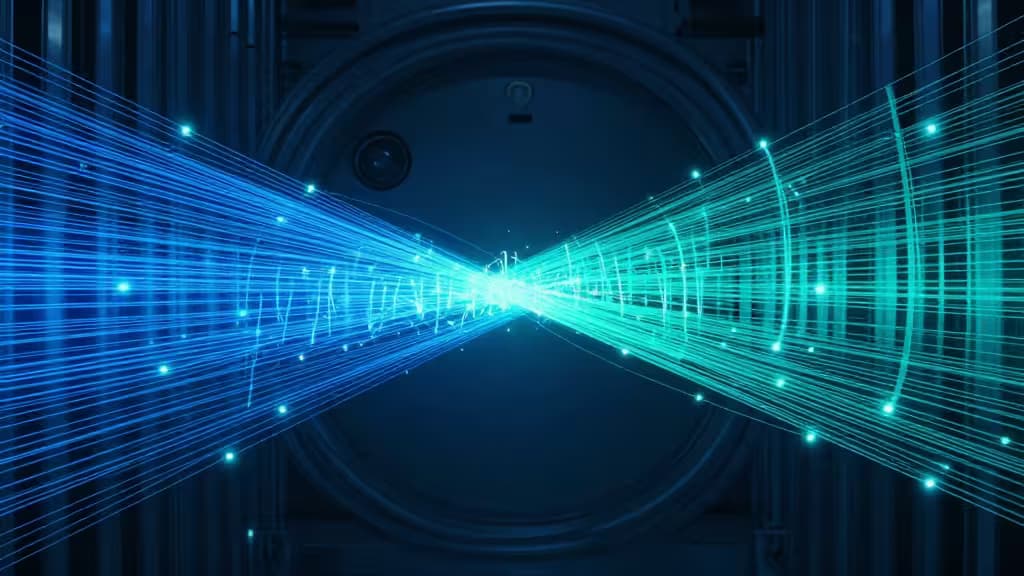 Blue and teal fiber-optic streams converge through a circular portal, symbolizing data flow and backup pathways.