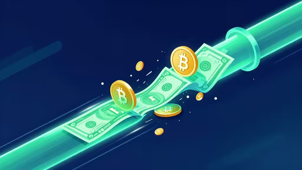 Tubo verde brillante que impulsa monedas de Bitcoin doradas y billetes de dólar diagonalmente sobre un fondo azul profundo, simbolizando la conversión rápida de fiat a cripto.