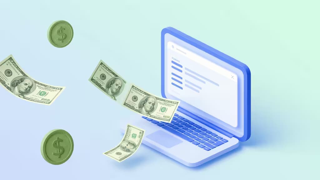 Un ordinateur portable bleu affiche des paiements tandis que des billets et des pièces de monnaie verts flottent autour sur un fond en dégradé doux.