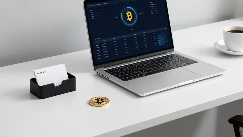 Zilveren laptop toont crypto-dashboard naast gouden Bitcoin-munt op wit bureau.