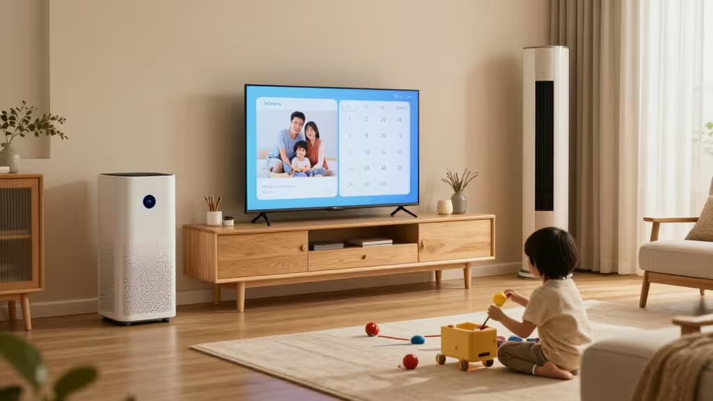 Ein Kind spielt auf einem Teppich in einem hellen Wohnzimmer mit Smart-TV und Luftreiniger.