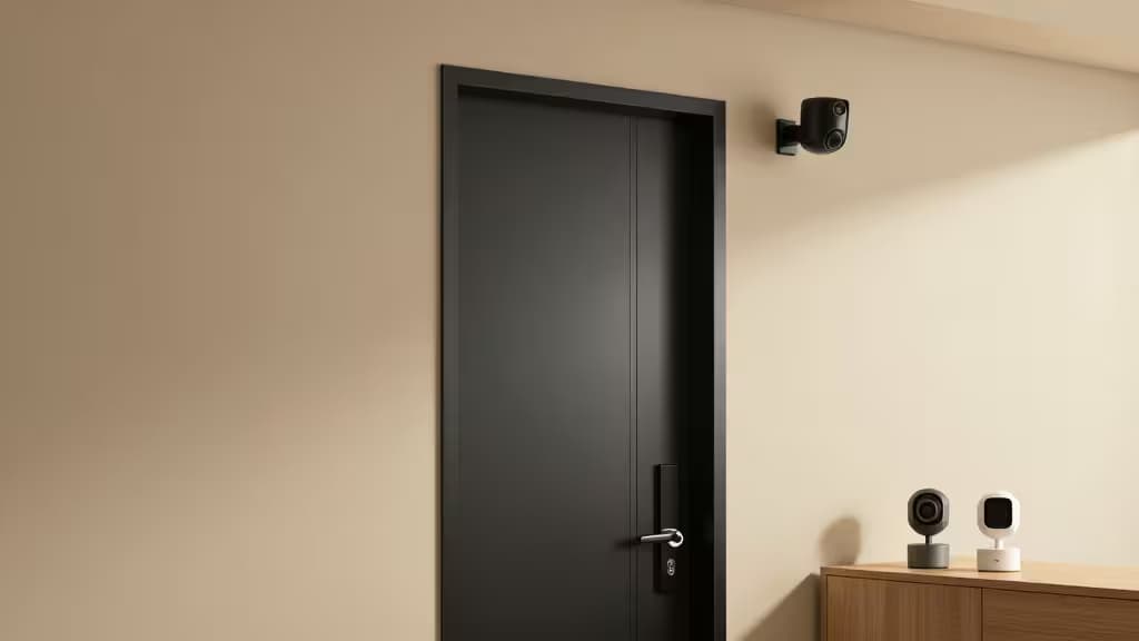 Moderne schwarze Sicherheitskamera an einer Wohnungstür montiert, daneben eine Innenkamera auf einem Regal, warmes Wohnlicht, Smart-Home-Atmosphäre