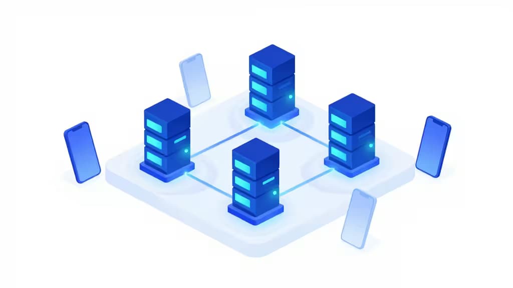 Blue server stacks connect to floating smartphones on a glowing platform, illustrating backend infrastructure for mobile apps.
