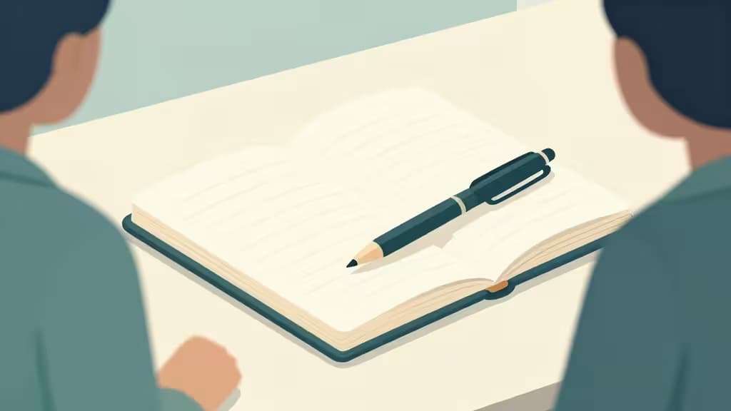 Open notebook and pen rest on a desk between two figures, suggesting a calm, professional therapy session focused on documentation.